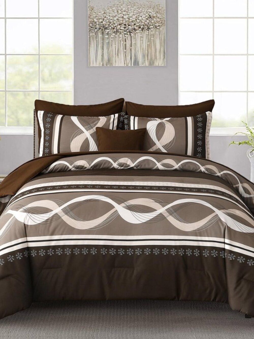 Brown Comforter Set King Size,Patchwork Striped Bed in a Bag